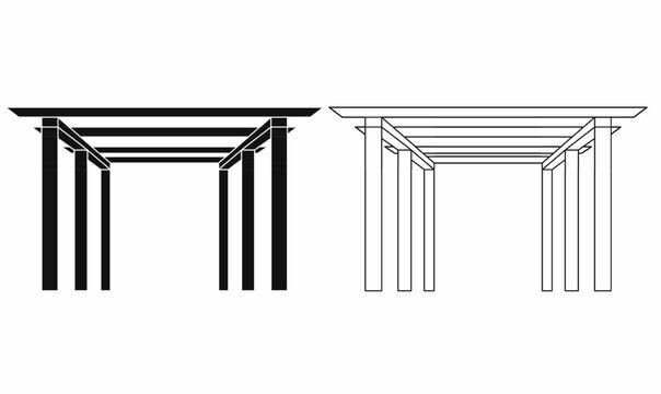 Vector illustration of modern garden pergola in silhouette and outline styles. Outdoor architectural structure, ideal for landscape, patio, gazebo, and backyard design themes.