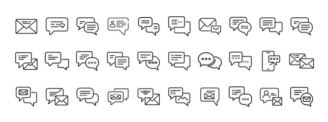 Message and Communication Icon Set — Solid Icons of Chat Bubbles, Text Messaging, Conversation, and Notifications