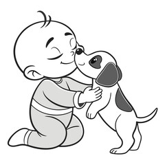 Obraz premium Baby and Puppy Gentle Embrace Grey Scale Illustration