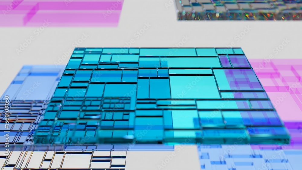 Aufkleber translucent glass panels rotating slowly, creating geometric light interplay against pristine white 