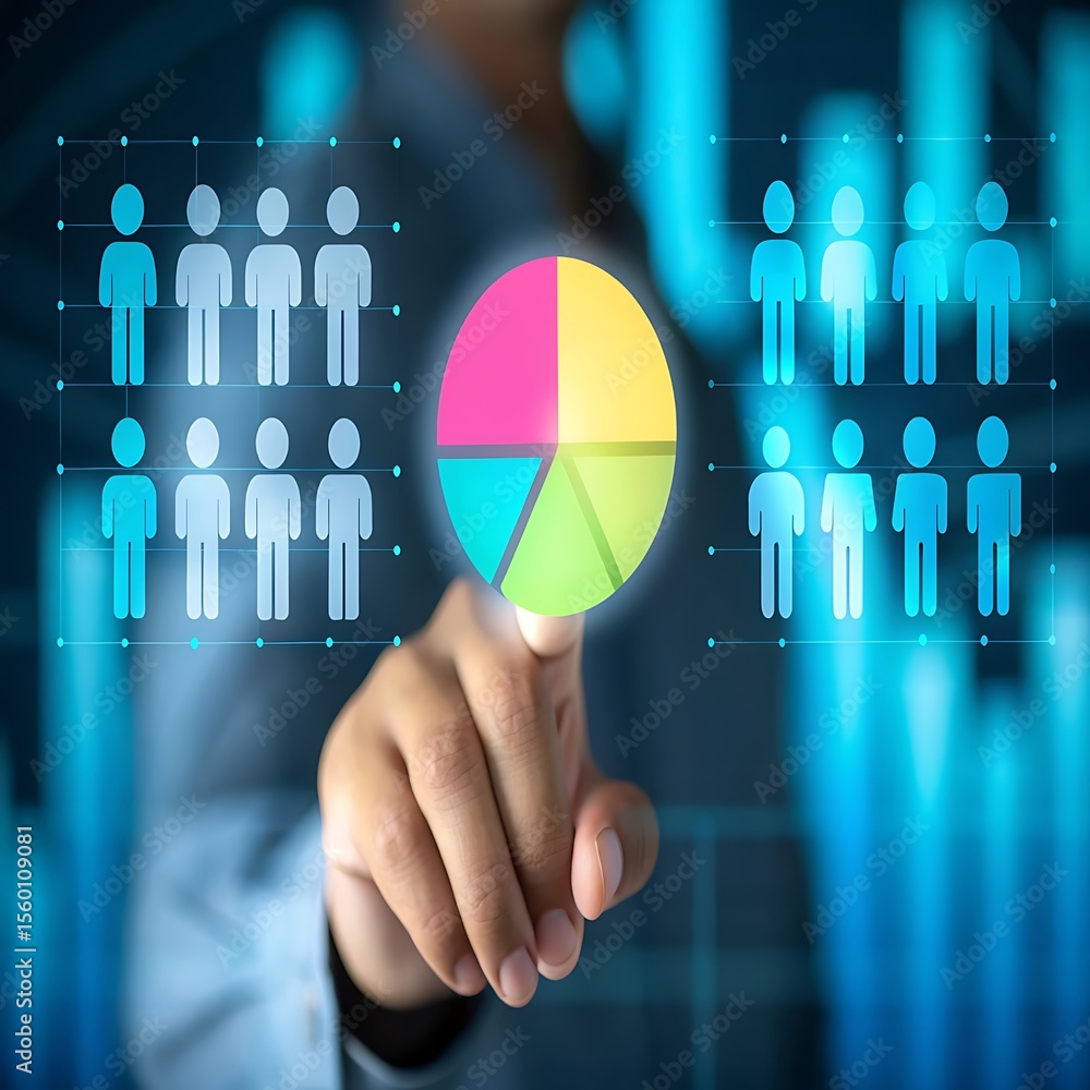 Poster person touching colorful pie chart with demographic data displayed finger