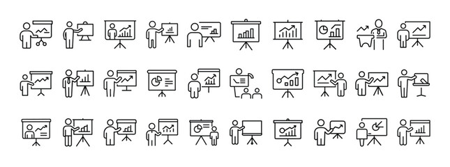Presentation and Chart Icon Set — Solid Icons of Business Graphs, Presenters, Analytics, Growth, and Report Display