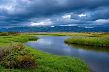 River runs through a green marsh with dark clouds and mountains in the background