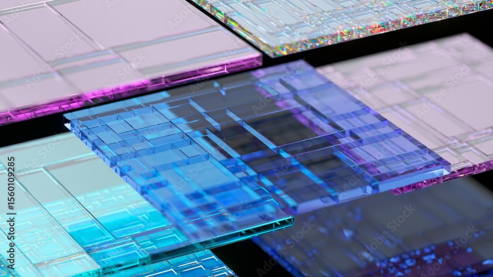 Poster complex transparent circuit board rotating slowly on multiple layers, showcasing intricate details a