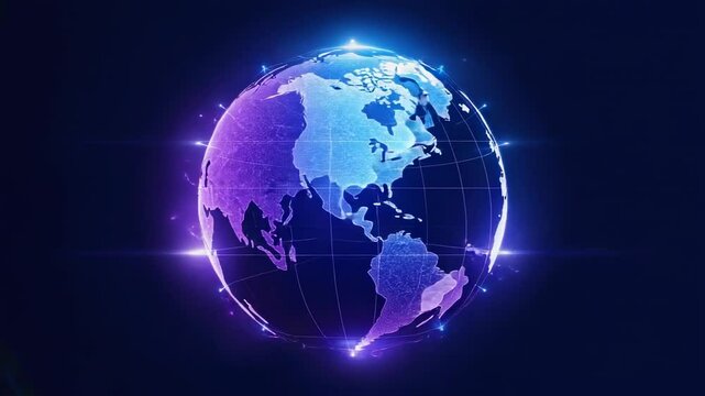 Digital Earth globe rotating eastward in cosmic space, with neon grid, pulsing nodes and lens flare - Powered by Adobe