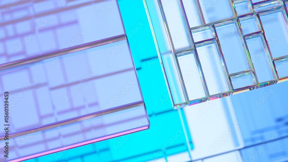Poster glass plates with iridescent reflections are overlapping and moving on a light blue background, crea