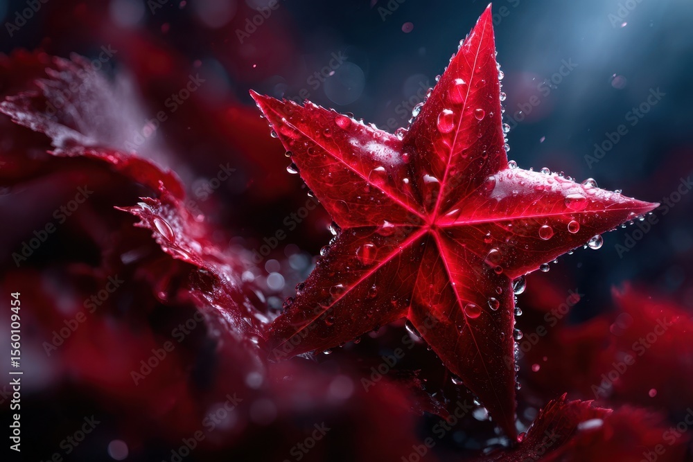 Poster close-up of a red leaf with droplets on dark background