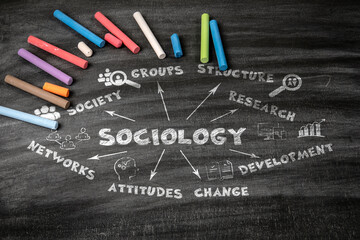 Sociology Concept. Black scratched textured chalkboard background