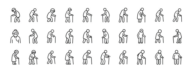 Elderly People Icon Set — Solid Collection of Senior, Aged Person, Walking Stick, Grandparents, Aging, Old Man and Woman, and Retirement Icons