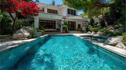 Fototapeta premium High-end coastal property with open-air architecture and lush green backdrop, perched above clear tropical waters - exotic real estate dream --chaos 100 