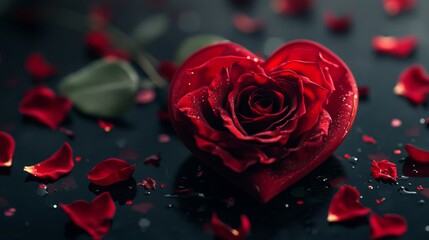 Red rose heart shaped dispersion on black background 