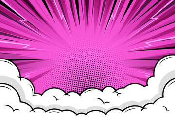 abstract pink halftone comic background with cloud effect, radial lines and flash effects