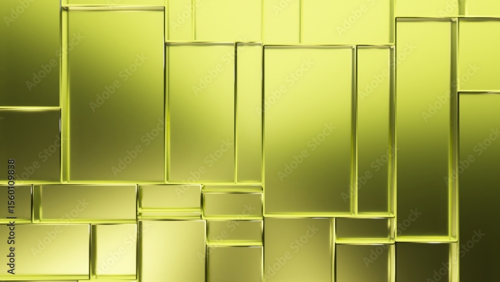 Poster green geometric shapes moving dynamically across digital backdrop, forming rhythmic pattern with rec