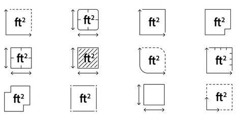 Floor area symbol in square feet with FT2 sign. Linear vector icon for measuring land, rooms, or property dimensions in feet