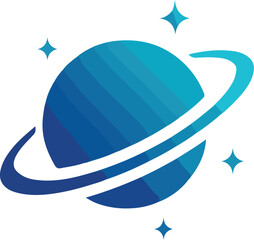 Blue Saturn Planet Logo Vector – Minimal Space Icon Featuring Ringed Planet and Stars Symbolizing Astronomy, Exploration, and Cosmic Technology