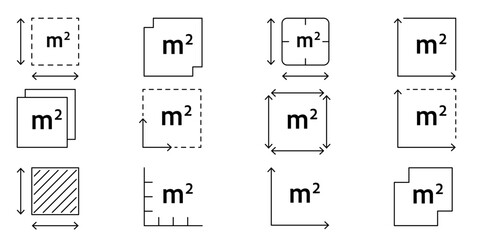 Square meter icon with M2 sign. Vector outline illustration of flat area measurement. Symbol for land size, house dimensions, real estate, or room square meters in linear style