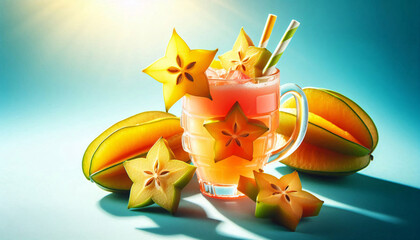 Orange Sternenfrucht als Saft mit Strohhalm und Fruchtscheibe in einem Glas, copy space