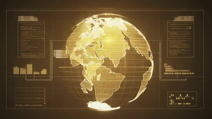 Appearing golden Earth globe rotating to reveal continents over grid interface, showing data panels - Powered by Adobe