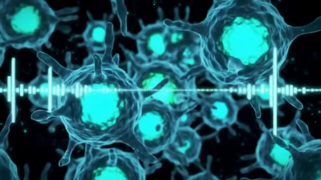 Microscopic view of vibrant cells intersected by a rhythmic waveform, suggesting cellular activity or bio-signals.