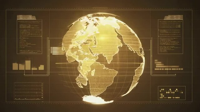 Appearing golden Earth globe rotating to reveal continents over grid interface, showing data panels