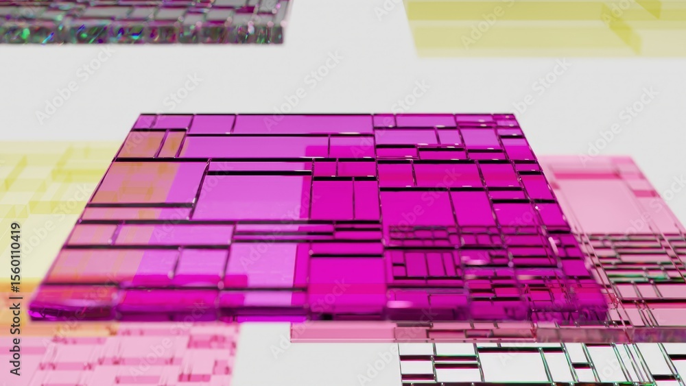 Poster pink glass plates with grid pattern and yellow glass plates are rotating slowly on a white backgroun