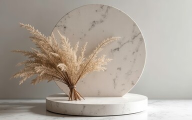 Marble plate with dried flowers for commercial advertising,Podium for display product on the white floor.