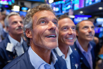 Traders celebrate a significant market rally on the stock exchange floor during trading hours