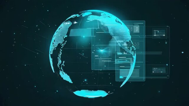 Launching blue digital globe fading and rotating in cyberspace, with sliding HUD data panels