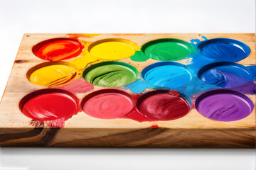 Wooden artist palette with colorful paint on white background