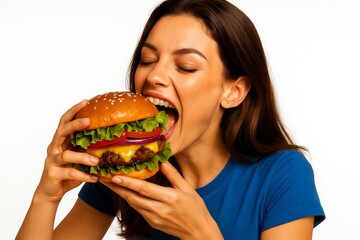 Young woman joyful biting juicy burger against white background with copy space