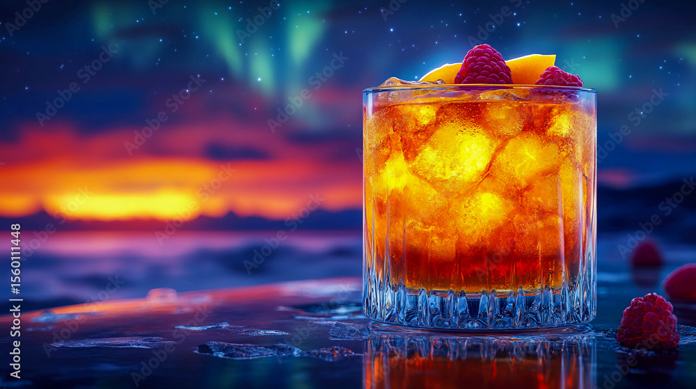 Poster a cocktail with ice, decorated with raspberry berries and mango slices. the background is a bright n