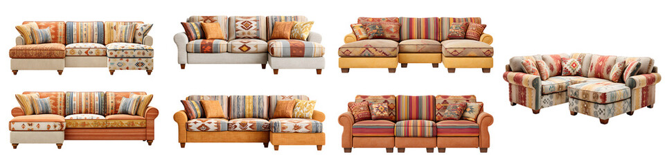 Collection of Stylish Patterned Sofas on White Background