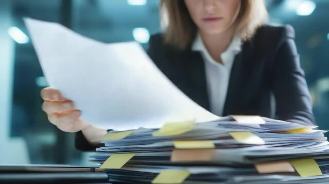 Businesswoman reviewing a substantial stack of paperwork adorned with sticky notes, working late into the night in a modern office, surrounded by the pressures of deadlines and corporate demands