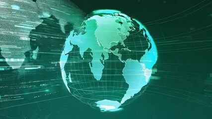 Emerging holographic globe highlighting continents and rotating in teal void with scanning rings - Powered by Adobe