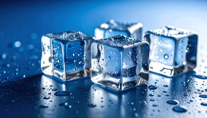 Clear ice cubes on a reflective surface with water droplets, strong lighting, and a cold blue background.