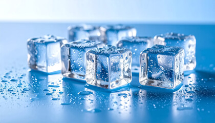 Clear ice cubes on a reflective surface with water droplets, strong lighting, and a cold blue background.