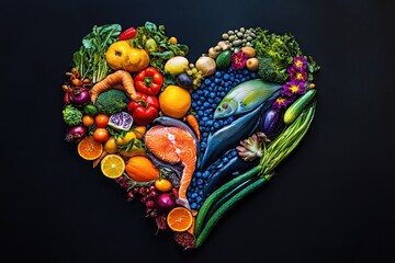 Colorful heart-shaped arrangement of various fresh fruits and vegetables