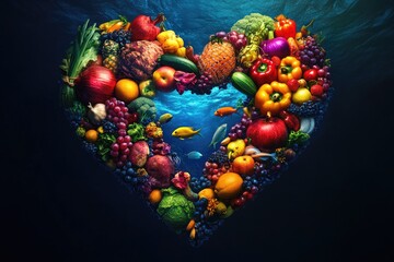 Colorful heart-shaped arrangement of fruits and vegetables underwater