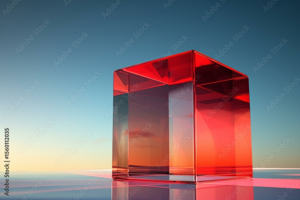 Fototapete red translucent glass cube standing on a reflective surface with a sunset in the background