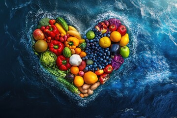 Heart-shaped array of fresh fruits and vegetables afloat on rippling water