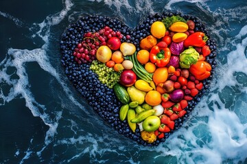 Heart-shaped island of colorful fruits and vegetables afloat on a wavy sea