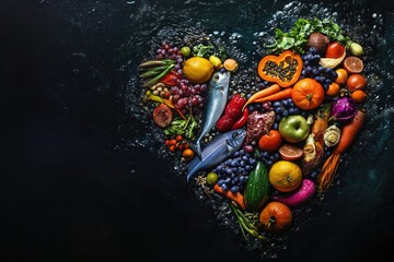 Colorful heart-shaped arrangement of various fruits and vegetables, including fish, on a dark background