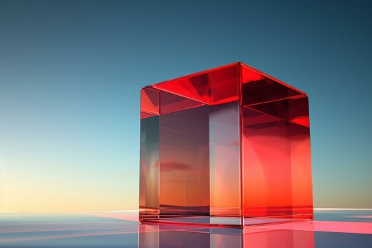 Red translucent glass cube standing on a reflective surface with a sunset in the background