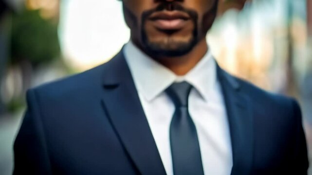 Serious dark-skinned man raising hand in a stop gesture outdoors with blurred city environment showing business attire and determined expression