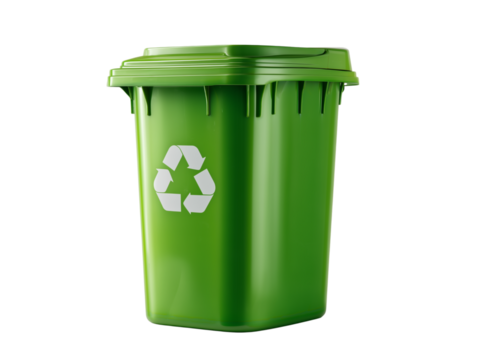 A vibrant green recycling bin with a clearly visible recycling symbol stands ready for responsible waste disposal.
