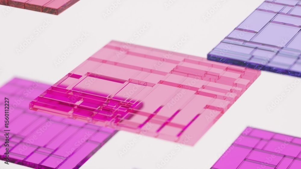 Poster transparent pink and purple glass plates with a grid pattern are rotating on a white background, cre