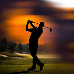 Dramatic B&W photo: lone golfer silhouette, mid-swing, vibrant blurred sunset (orange/purple) over golf course. High contrast, tranquil power, bold art.