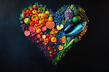 Colorful heart-shaped arrangement of fresh fruits and vegetables, with fish,  on dark background
