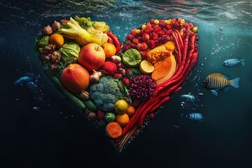 Colorful heart-shaped array of fresh produce underwater