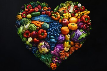 Heart-shaped arrangement of colorful fruits and vegetables on black background.  A vibrant display of various produce, creating a heart shape, showcasing a diverse range of healthy foods